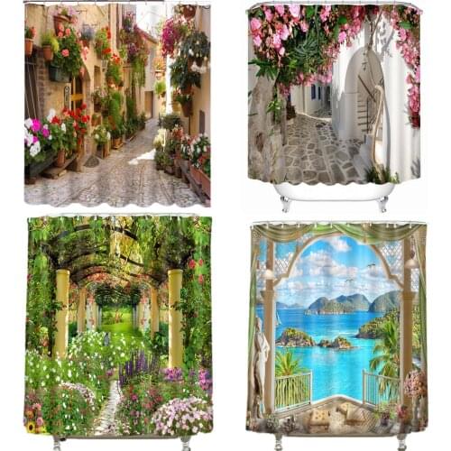Nordic Style Colorful Flowers Landscape Wall Seascape Pattern Bathroom Thickened Shower Curtain Waterproof Washable Bath Curtain