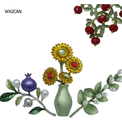 WXJCAN new vintage brooches Enamel sunflower vase AND Simulated pearl twig pomegranate AND Red plastic wild fruit brooch jewelry