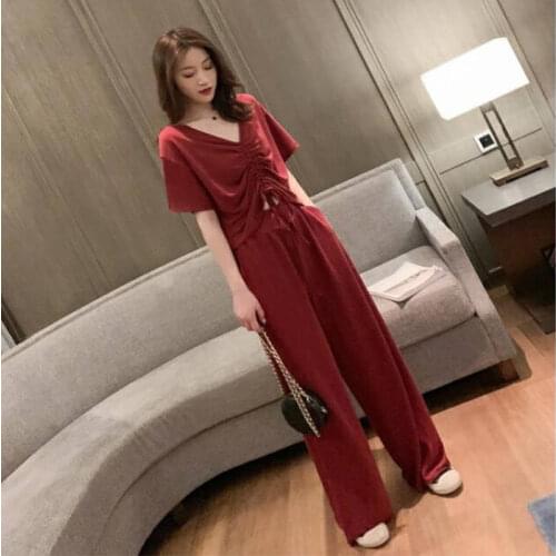 2020 Summer Womens Loose Short Sleeve T-shirt Tops + Wide Leg Pants Two Piece Set Club Party Bodycon Bandage Set Plus Size 4XL