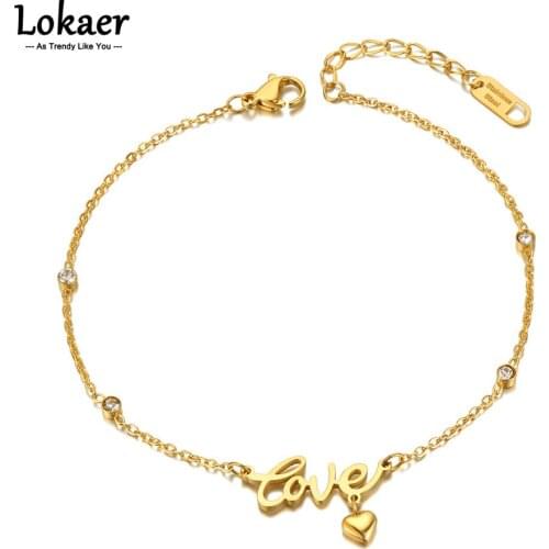 Lokaer Goth Love Heart Charm Anklets For Women Girls 18K Gold Stainless Steel CZ Crystal Foot Jewelry Браслет На Ногу A21023