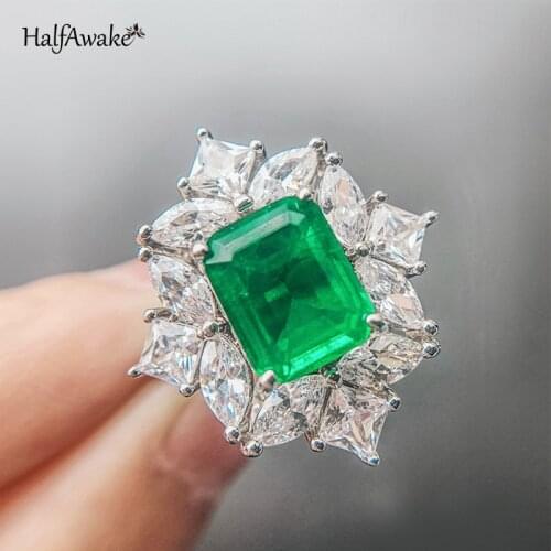 Big Vintage Gemstone Emerald Ring Retro Flower Edge Zircon 925 Sterling Silver Open Ring For Women Green Ring Adjustable Gift