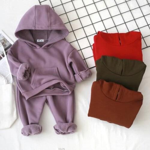 Winter Boys Set Fleece Warm Childrens Hooded Sweatshirt + Pants Casual Sport 2 Piece Set Black Kids Girls Clothes BC491
