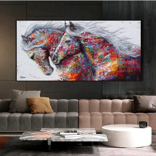 Abstract Animals Colorful Two Running Horses Poster Canvas Painting Print Wall Art Pictures for Modern Living Room Home Decor