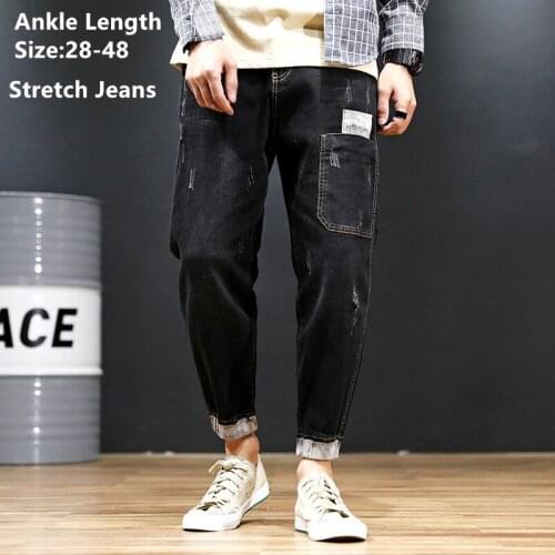 Distressed Jeans Men Black Harem Hiphop Stretch Man Ankle Length Denim Loose Plus Size 40 42 44 46 48 Elastic Teeagers Trousers