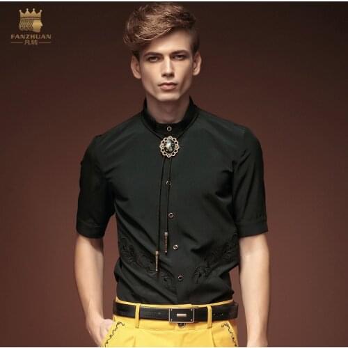 Fanzhuan Free Shipping New casual personality male Mens man half sleeve blouse Embroidered summer slim Simple black shirt 15329