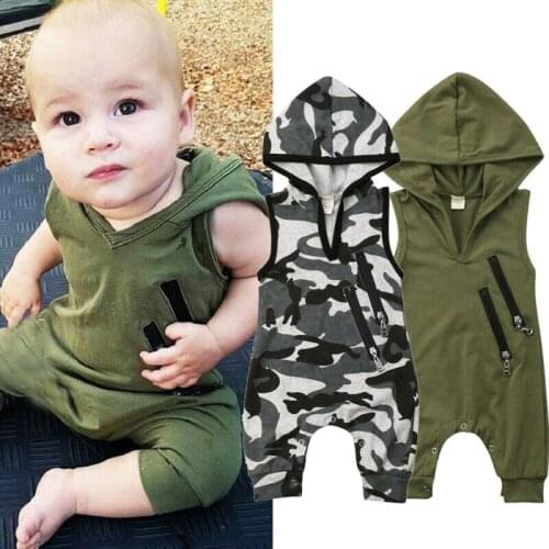 Summer Newborn Baby Boy Sleeveless Clothes Camo Hooded Romper Jumpsuit Outfit
