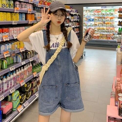 Rompers Women Solid Pockets Female Leisure All-match Summer Denim Playsuits Wide Leg Korean Version Fashion Daily Creativity New