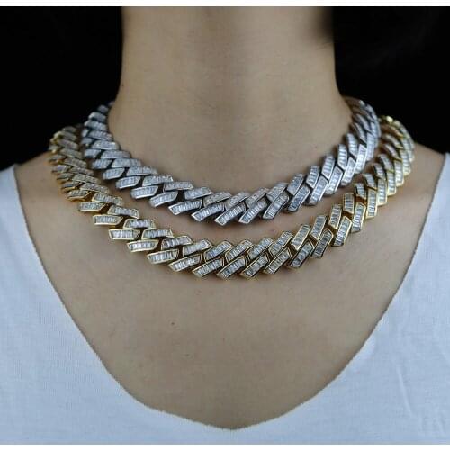 Iced Out 19MM Width Bling Baguette 5A Cubic Zirconia CZ Cuban Link Chain Necklace For Men Women Hip Hop Big Heavy Chunky Jewelry