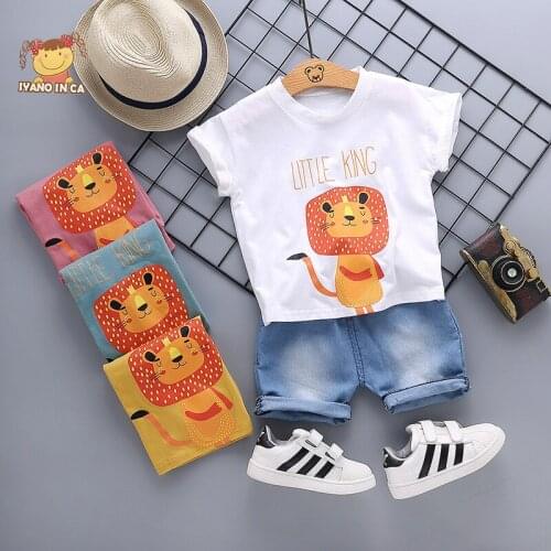 Summer Children Sets T-shirt + Jeans 2pcs Sets Lion Print Short Sleeve Tops Cotton Comfy Infant Baby Boy Clothes 2020 New