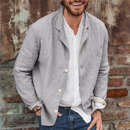 Autumn Male Blazer Loose Cotton And Linen Blazer Casual Solid Color Suit Collar Long-sleeved Shirt Top Pocket Costume Homme 2021
