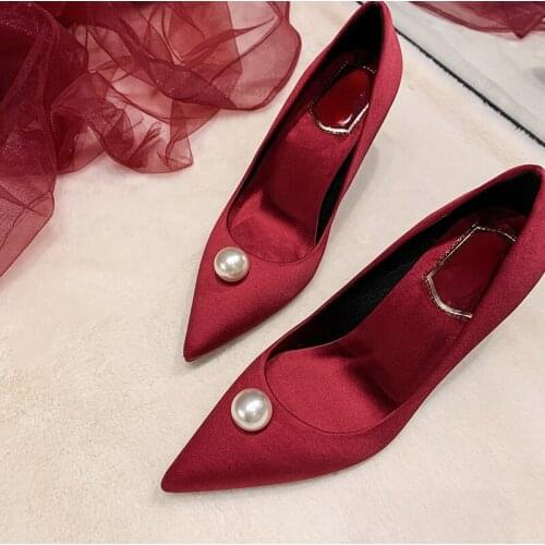 2021New Pearl High Heels Womens Stiletto Heel Spring and Autumn Low Mouth All-Matching Pointed-Toe Shoes Red Wedding Shoes