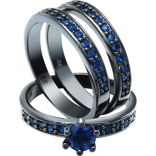 New black Rings sets for women 3pcs new fashion jewelry gift elegant princess paved royal blue cz zircon Engagement Ring