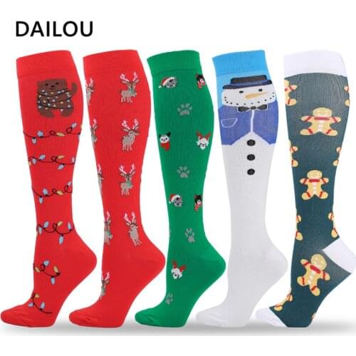 New Year Socks 2021 Christmas Compression Socks Men Women Sports Cartoon Snowman Elk Pain Relief Nylon Nursing Compression Socks