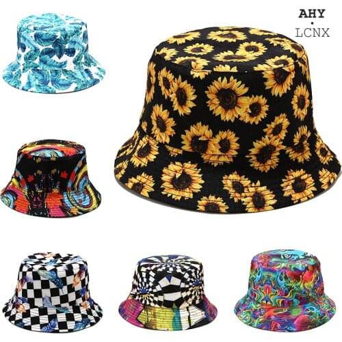 Fashion Spring Summer Womens Outdoor Bucket Hat Floral Fisherman Sun Caps Panama Bob Sunflower Plants Print Hats For Women Men