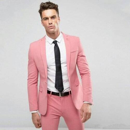 Jacket+Pants) Handsome Pink Slim Fit 2 Piece Groom Tuexdos For Wedding Formal Prom Suit Party Evening Blazer Custom Made
