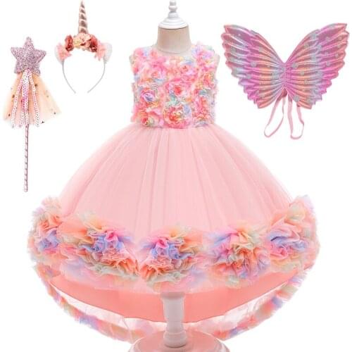 Girls Dress Unicorn Costume Fancy Up Christmas Princess Cosplay Costumes Kids Rainbow Rose Flower Birthday Wedding Party Dresses