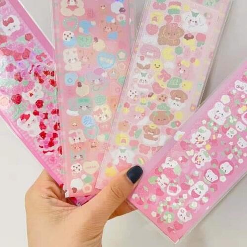 Pink Kawaii Bear Laser Luminous Scrapbooking Sticker Study Stationery Album Decoration Stickers Aesthetic Korean