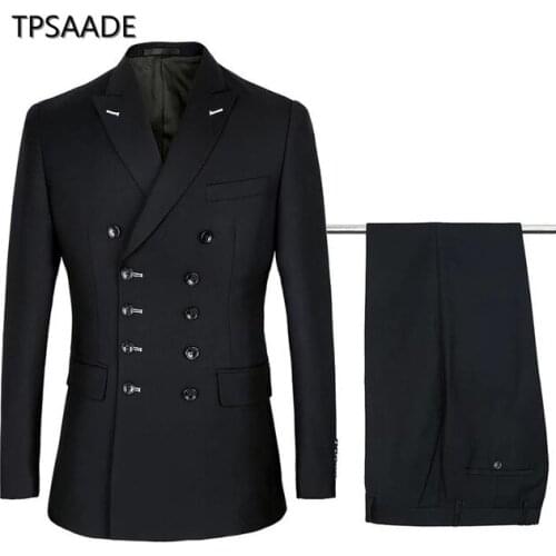 TPSAADE Mens Black Double Breasted Slim Fit Suit Gentleman Business Groom Wedding Dress Jacket Trousers Pants
