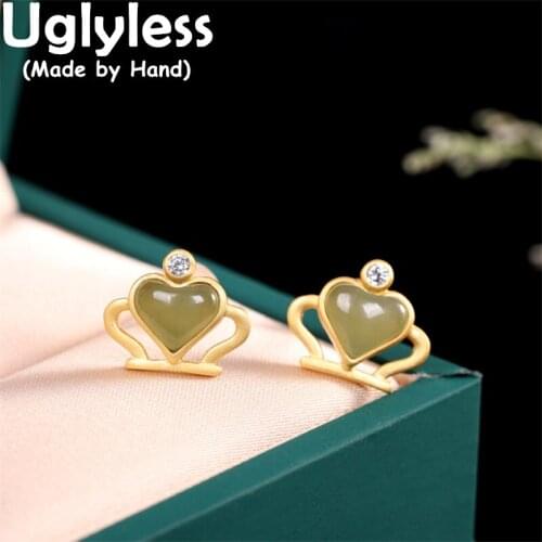 Uglyless Crown for Ears MINI Gemstones Crown Studs Earrings for Women 925 Silver Earrings Heart-shape Jade Jewelry Gifts Brincos