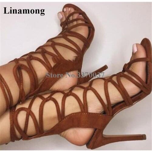 Summer New Fashion Women Open Toe Suede Leather Stiletto Heel Gladiator Sandals Strap Cross Lace-up High Heel Sandals Dress Shoe