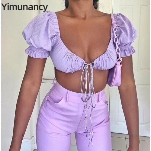 Yimunancy Lace Up Crop Top Women Puff Sleeve Sexy Tank Top 2020 Ladies Summer 7 Colors V Neck Tee Clubwear
