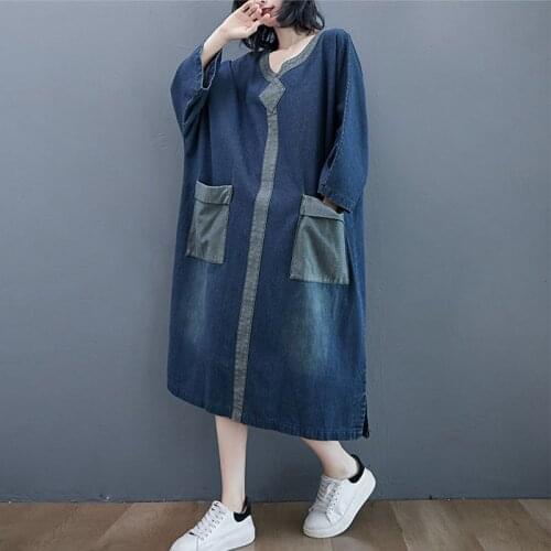 Size 4XL 120kg Autumn Denim Dress For Women O Neck Long Sleeve Women Dress Long Maxi Jeans Dress Vestidos