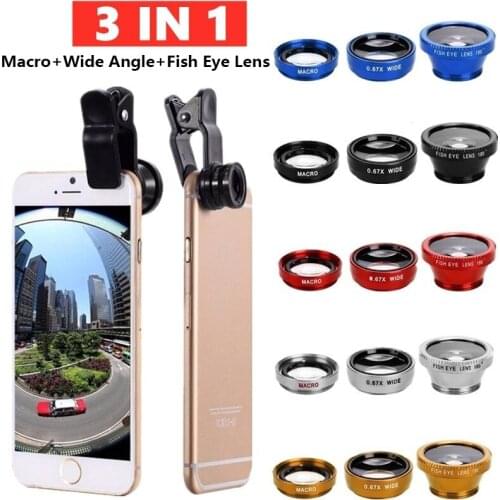 3 In 1 Wide Angle Macro Fisheye Lens Mobile Phone Camera Lens Kit For iPhone Xiaomi Huawei Samsung Fish Eye Lense Lentes Clip