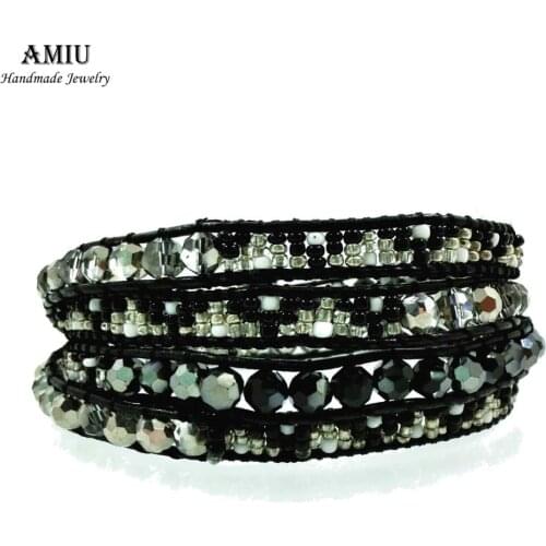 AMIU Handmade Friendship Bracelet Crystal Glass Seed Beads Chakra Bracelet Leather Wrap Charm For Women Men Jewelry For Women