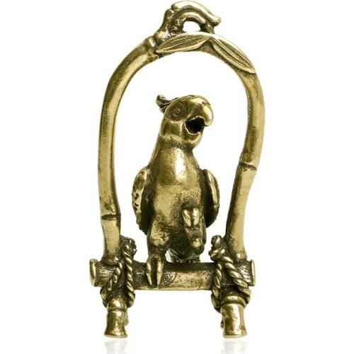 Antique Copper Crafts Bird Cage Parrot Figurines Miniatures Desktop Ornaments Brass Animal Bird Key Chain Pendant Jewelry Decors