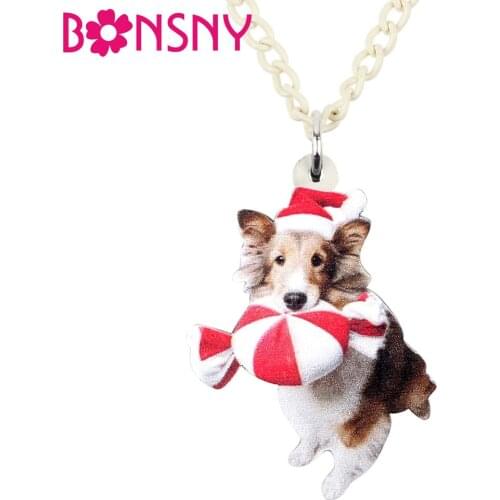 Bonsny Acrylic Christmas Sweet Candy Corgi Dog Necklace Pendent Choker Festival Decorations Jewelry Lady Girl Teen Gift 2019 New