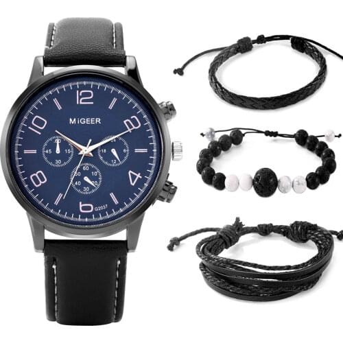 Watch Bracelet Gift Set Men Fashionable Blue Quartz Dial Leather Strap Black Woven Bracelets Anniversary Present for Husband