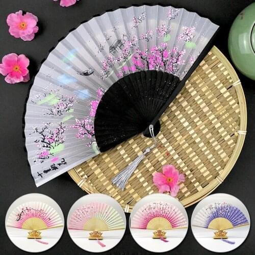 Chinese Japanese Style Flower Folding Fan Home Decoration Silk Fan Wedding Party Ornament Dance Hand Fan Art Craft Women Gift