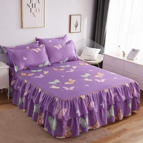 Home Hotel 3Pcs/Set Korean Printed Ruffle Bed Skirt Bed Cover Student Dormitory Non-Slip Sheet Cover Bedroom Bedskirt Bedding#sw