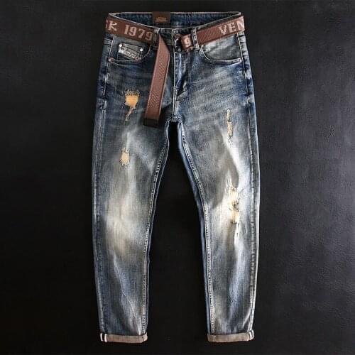 Italian Fashion Men Jeans High Quality Retro Blue Elastic Slim Fit Ripped Jeans Men Korean Style Vintage Designer Casual Pants