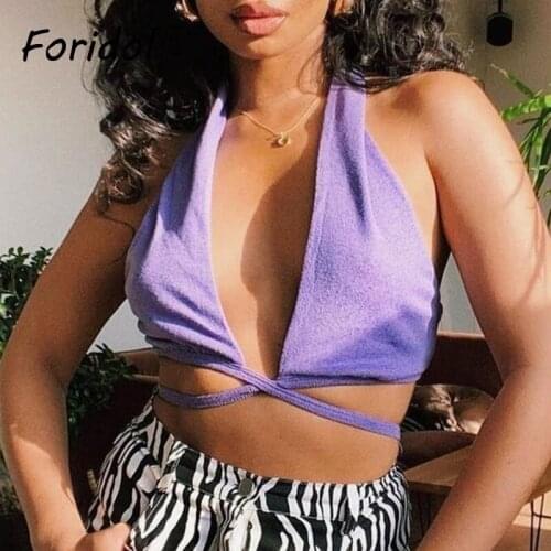 Foridol Cotton Lace Up Halter Crop Tops Women High Fashion Streetwear Purple Tops Sexy Backless Camis 2021 New Solid Tops
