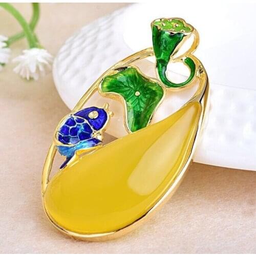 S925 Sterling Silver Inlaid Pure Natural Topaz Cloisonne Goldfish Lotus Leaf Pendant