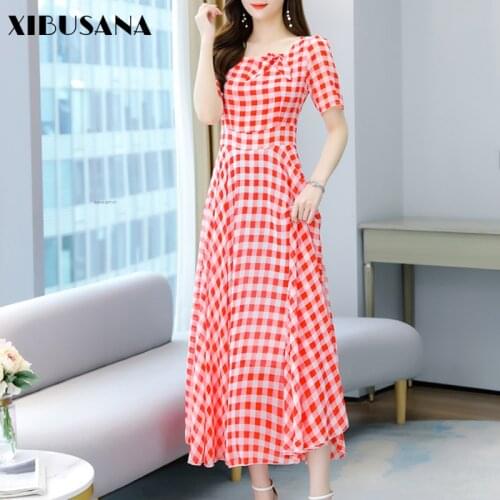 Summer Holiday Boho Beach Long Dress Women Short Sleeve Square Collar Plaid Chiffon Dress Female Plus Size 4XL Elegant Vestidos