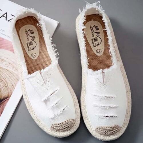 Womens Flat Slip On Canvas Summer Strap Loafers Straw Espadrilles 2020 Ladies Casual Comfort Slip On Lazy Shoes Female