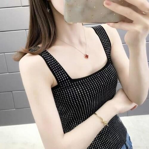 Fashion Women summer Rhinestones Camis sexy T-shirt shining Dew shoulder Camis knit short sleeves