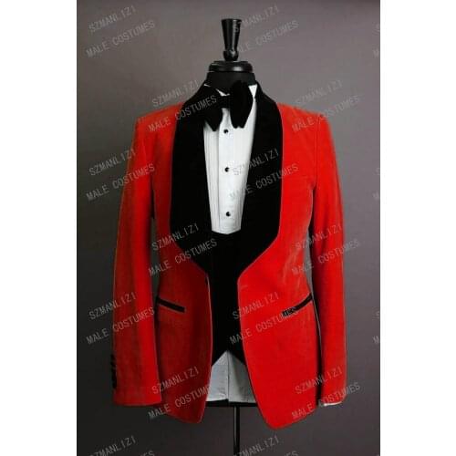 2020 Latest Coat Pant Designs Red Velvet Blazer Men Suit Slim Fit 3 Pieces Men Wedding Suits Groom Party Tuxedos With Pants