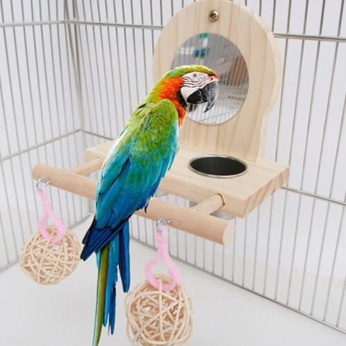 Parrot Mirror Play Stand Wooden Bird Perch with Stainless Steel Feeder Cup Bowls Chewing Rattan Balls Bird Cage Accessories
