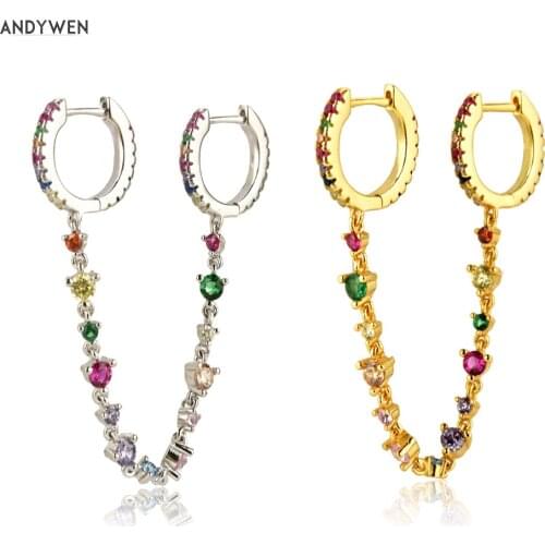 ANDYWEN 925 Sterling Silver Rainbow CZ Zircon Solid Safe Chain Double Huggies Colorful Safety Earring Hoops For Rock Punk Jewels