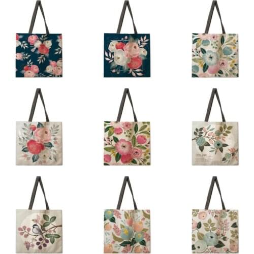 Flower printed handbag linen fabric bag casual folding shopping bag outdoor beach bag everyday handbag