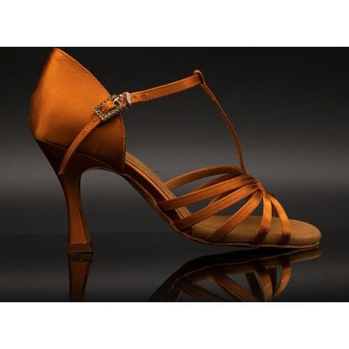 Suphini【Deja vu】Bronze Satin T strap 7.5cm/8.5cm Flare Heel Dance Sandals