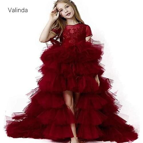 Dark Red Girl Pageant Dresses Little Princess Tulle Gown for Wedding Banquet Dresses