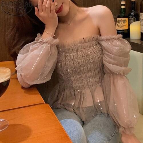 Temperament Chic Korean Puff Sleeve Chiffon Blouse Women 2021 Summer Square Neck Pleated Mesh Shirts Fashion Short Sexy 14468