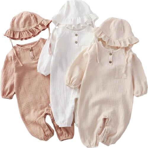 Spring Autumn Newborn Boy Girl Romper Unisex Solid Cotton Long-sleeved Baby Jumpsuit Hat Suit 0-36M Toddler Clothing