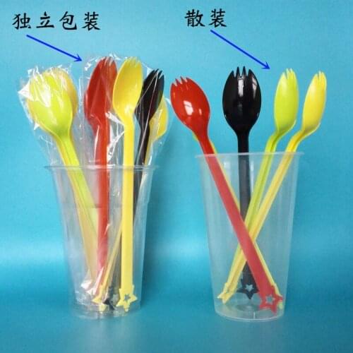 Birthday Party Disposable Plastic Color Cake Ice Cream Coffee Long Handle Spork Fork Spoon Independent Packing 100pc/lot