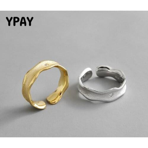 YPAY 100% Genuine 925 Sterling Silver Adjustable Rings for Women Korea INS Simple Wave Open Ring Jewelry Christmas Gifts YMR987