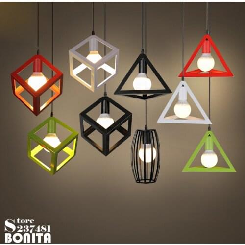 Iron pendant lamps American retro simple hanging lights bedroom Geometric shape square triangle droplight loft